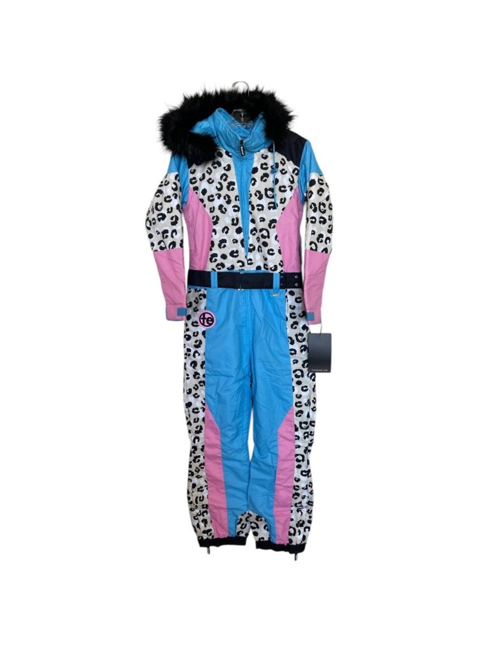 Tipsy Elves Womens Snow Leopard Print Ski Suit XS Blue Pink Faux Fur One Piece